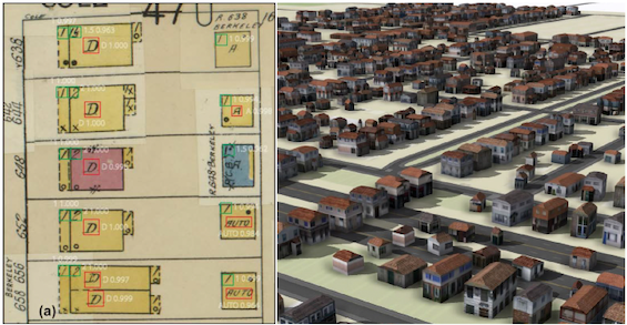 This compound image shows, at left, historic Sandborn maps and, at right, 3D digital models which were created by Yue Lin with machine learning.