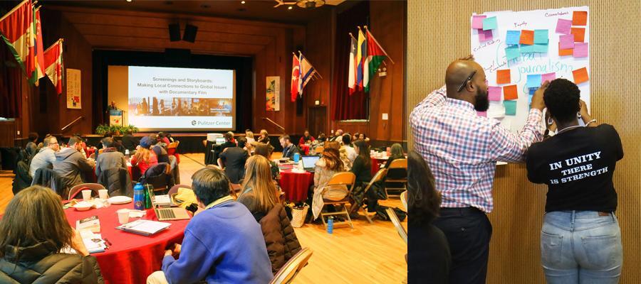 Left: UChicago Educator Outreach workshop with Pulitzer Center on Crisis Reporting. Right: Educators participating in hands-on activity and reviewing a display of colleague comments on classroom pedagogy.